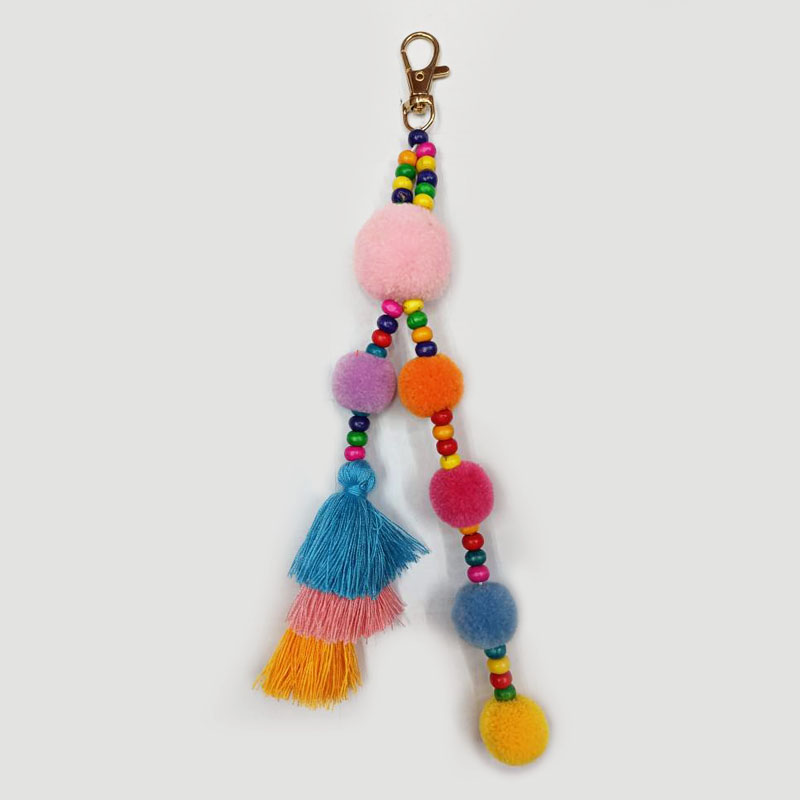 1pc Boho Style Colorful Keychains Wooden Beads Pompom Keyring With Rainbow Tassel Jewelry For Summer Women