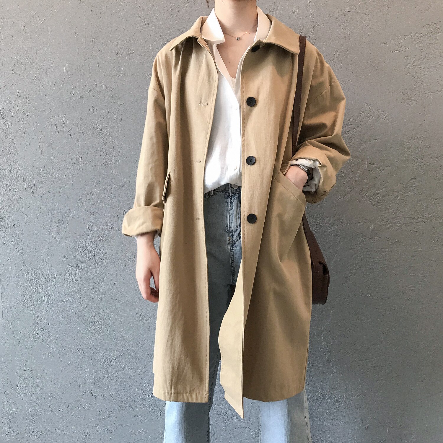 Herfst dames katoenen trenchcoat losse omslagkraag dameskleding lange jas casaco feminino abrigo mujer trench femme