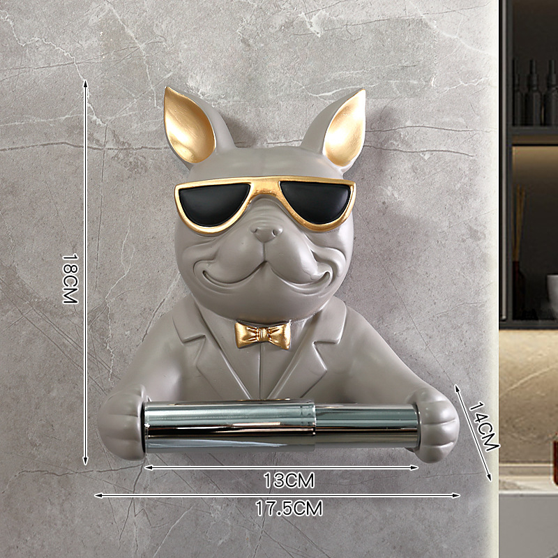 Resin Bulldog Figurine Roll Paper Tube Kitchen Bathroom Wall Hanging Perforated Multifunctional Tissue Holder: light yellow