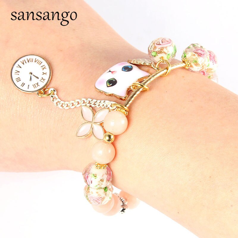 Mode Armband Voor Vrouwen Leuke Kitten Hanger Charm Armband Natuursteen Kralen Bangle Meisjes Kinderen Sieraden