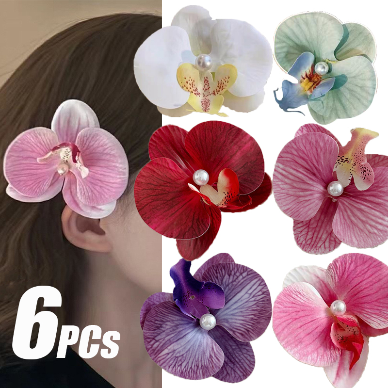 Pinzas para el cabello con flores de orquídeas para mujer, horquilla bohemia, pasador nupcial, playa, boda, flor artificial, accesorios para el cabello para vacaciones: Negro