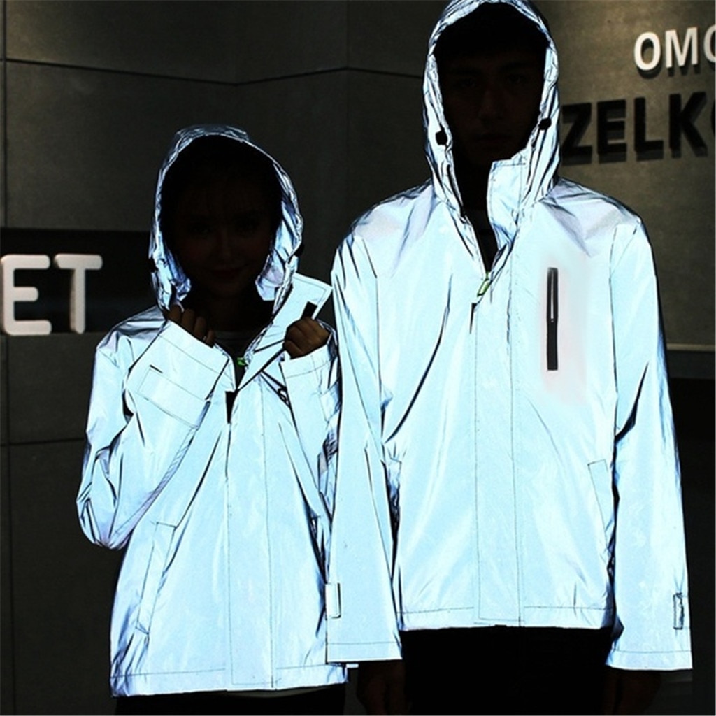 Kancoold fuld reflekterende jakke mænd / kvinder harajuku vindjakke jakker hætte hip-hop streetwear nat skinnende lynlås frakker