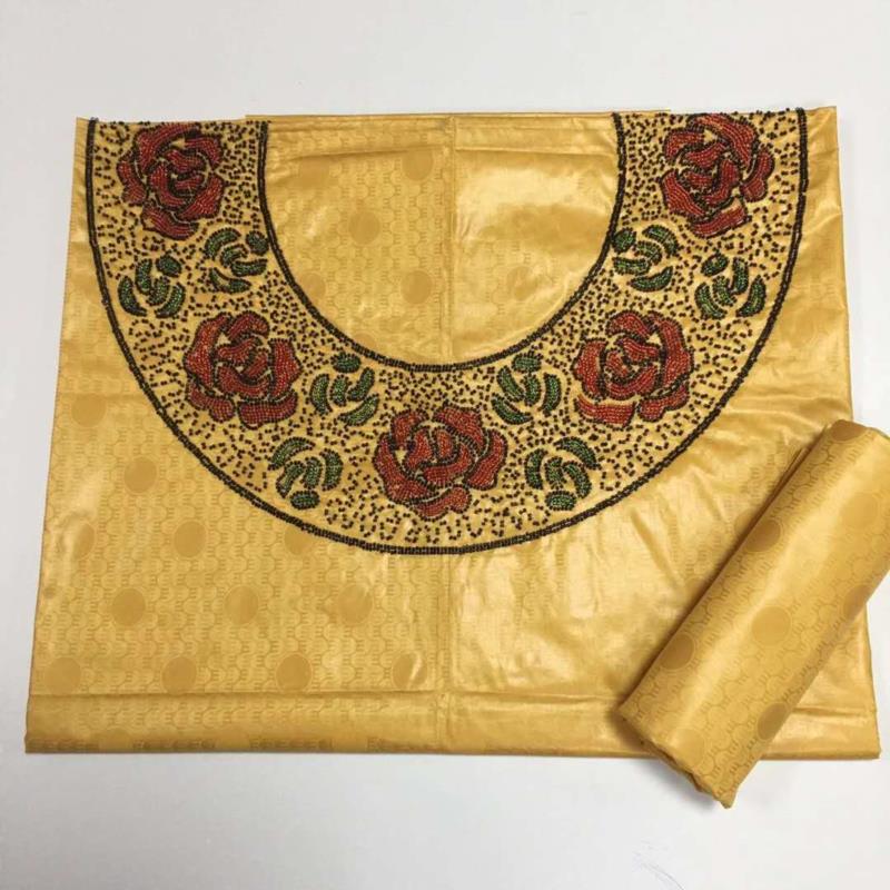 Tela africana bazin riche de para top y falda, , tejido de brocado de lavabo, telas de costura de piedras para escote, 3 + 2Y,: YELLOW