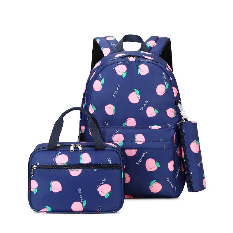 2022 Dames Rugzak Student Waterdichte Nylon Schooltas Lunch Tas Pen Zak Drie-Delige Set Meisje Fruit Patroon rugzak: blue