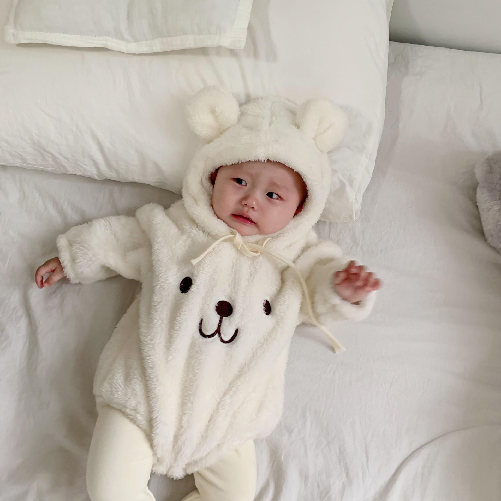 Babybody efterår vinter lammeuld spædbarn baby drenge piger tegneserie bjørnetøj tyk varm spædbørn jumpsuit baby kostumer: Ycm 254 hvid bodysuit / 9m