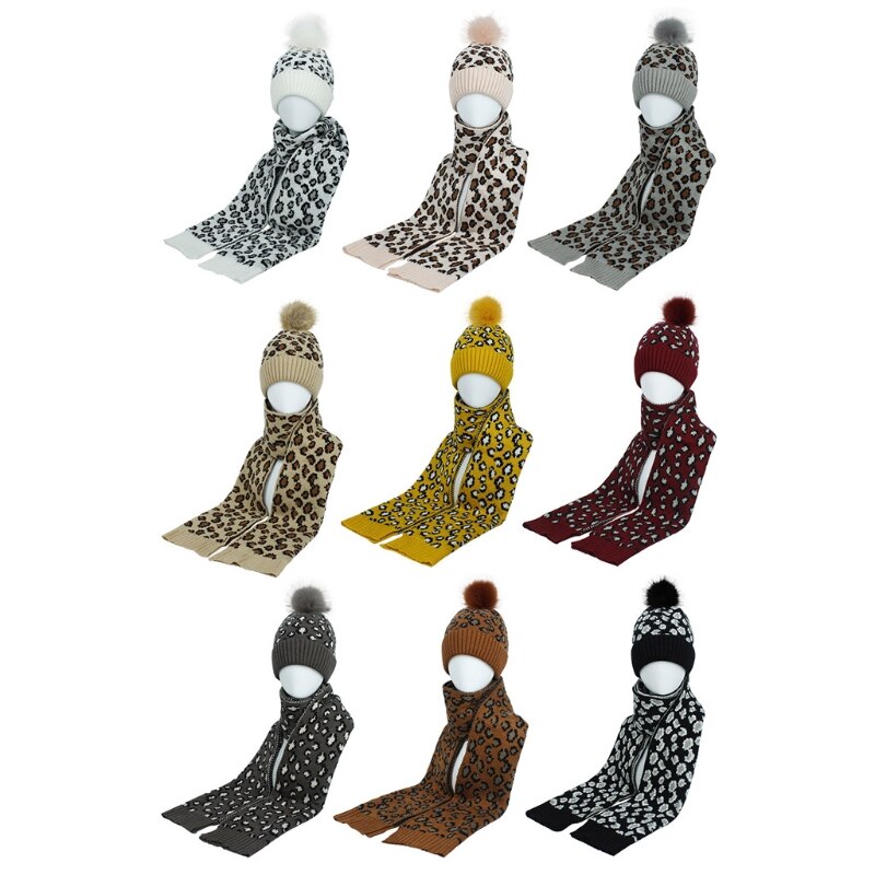 Dam stickad mössa och halsduk i 2 delar vinter vintage leopard fluffig pompom med manschett döskalle tjockare sjal halsvärmare