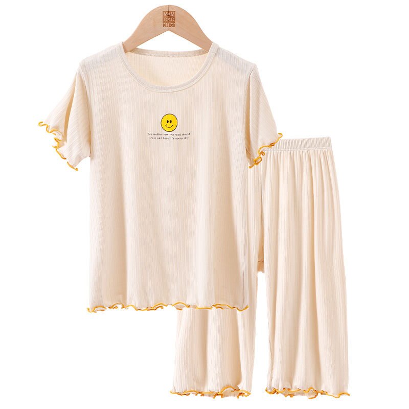 Pigiama per bambini set maniche corte neonata abbigliamento da notte abiti abito estivo per ragazze abiti traspiranti 2-10Y pigiama per bambini: Beige / 120(5-6Y)
