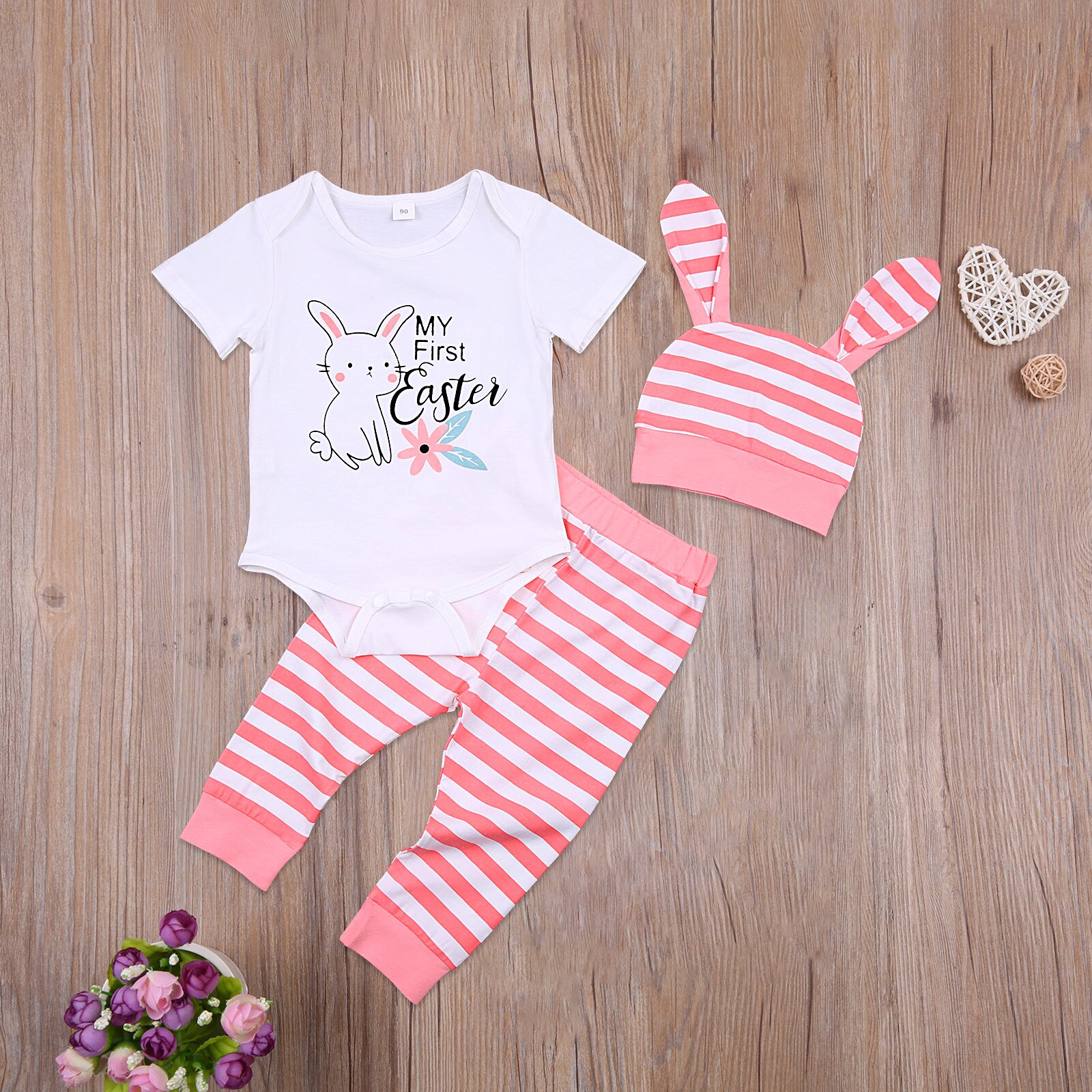 Citgeett Summer Easter 0-18 Months Baby Girls Boys Clothes Cute Rabbit Letter Long Sleeve Romper Stripe/Print Pants Hat Set