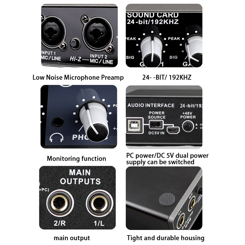 Q-22 Audio Interface Sound Card with Monitoring,Electric Guitar Live Recording Sound Card For Studio,Singing