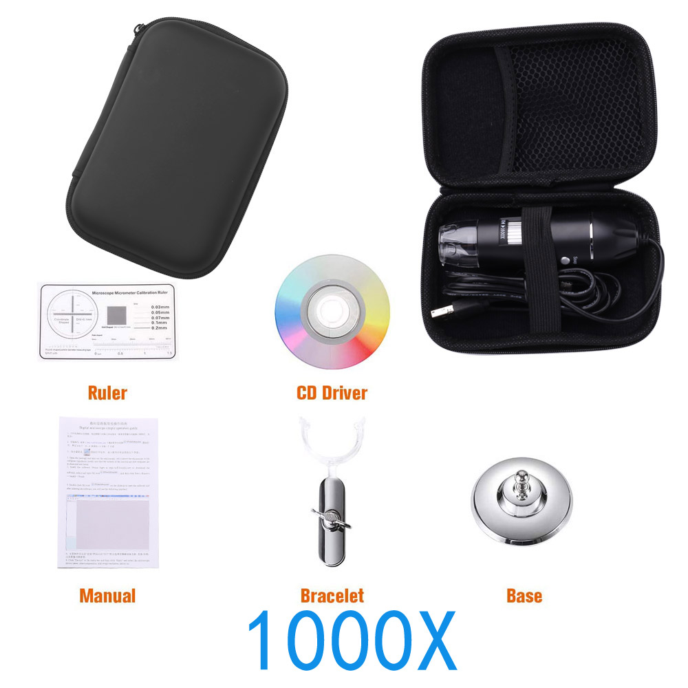 Microscopio Digital USB de 40X a 1000X 1600x Bysameyee, endoscopio con 8 LED de aumento, cámara con Estuche de transporte y soporte de Metal: 1000X