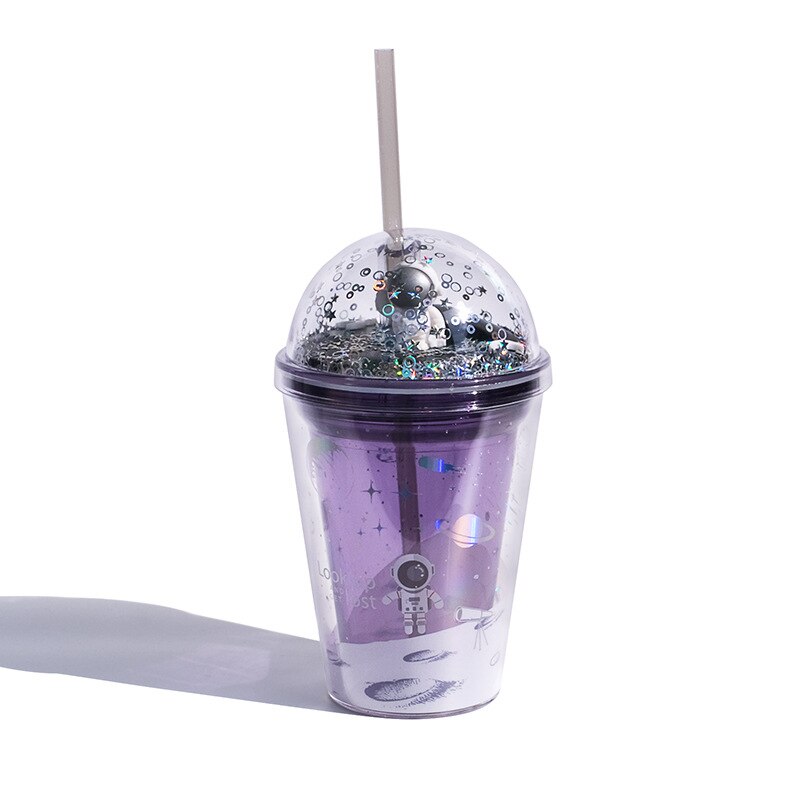 Vattenflaska kaffemugg söt vattenflaska för tjejer kawaii bling isolering astronaut tecknad film kopp vattenflaska med halm
