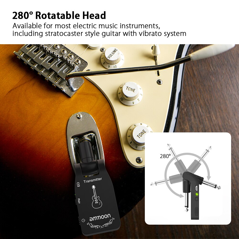 ammoon Wireless Guitar Transmitter Audio Transmitter Receiver System 2.4G Rechargeable 6 Channels for Electric Guitar Bass