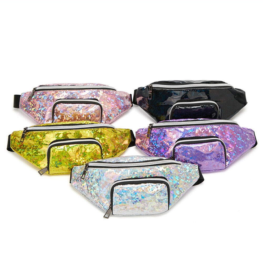 Women Girls Waist Fanny Pack Belt Pouch Hip Bum Bag Shinny Zipper Travel Sport Small Cellphone Purse Chest Pack