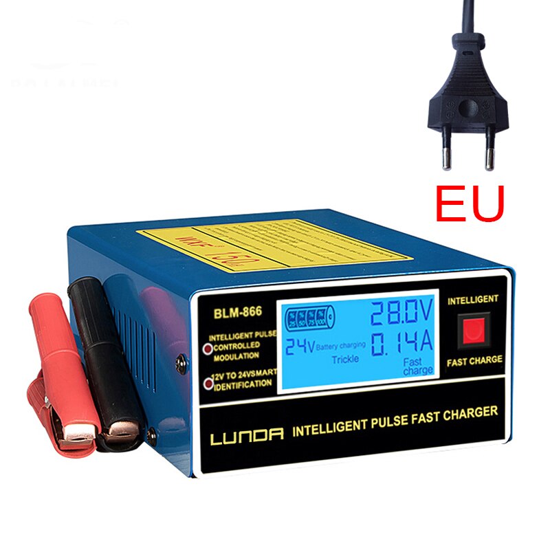 English LCD Display Full Automatic Car Battery Charger 150V/250V To 12V 24V Smart Fast Power Charging For Wet Dry Lead Acid: EU-Blue