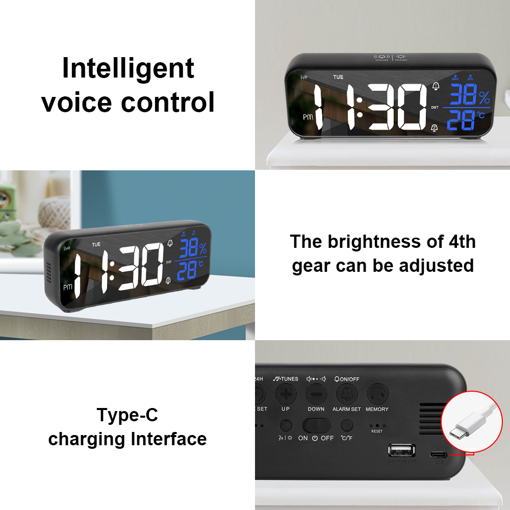 Snooze Table Clock USB Rechargeable Digital Clock with Voice Control Temperature Humidity LED Music Alarm Clock Multi-functional