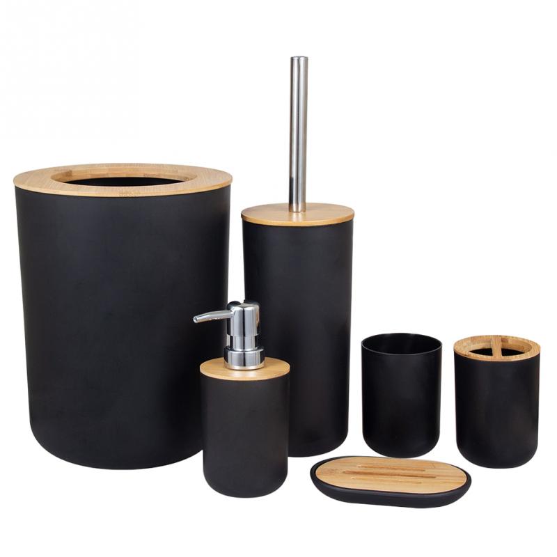 6 stk / sæt bambus badeværelsessæt toiletbørsteholder tandbørste glaskop sæbedispenser sæbeskål badeværelse tilbehør: Sort