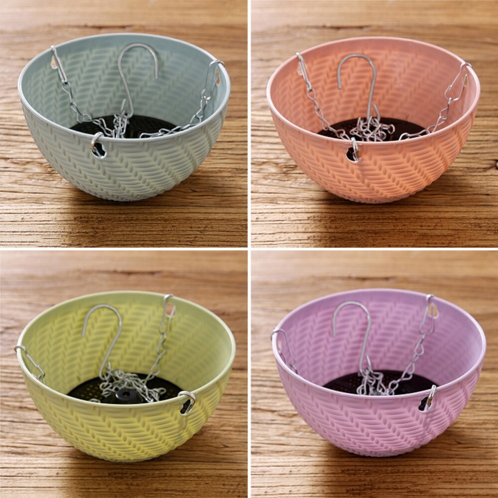 Hanging Baskets Rattan Woven Round Plastic Flower Pot Plant With Chain Houseplants Sky Planter Garden Balcony Decor