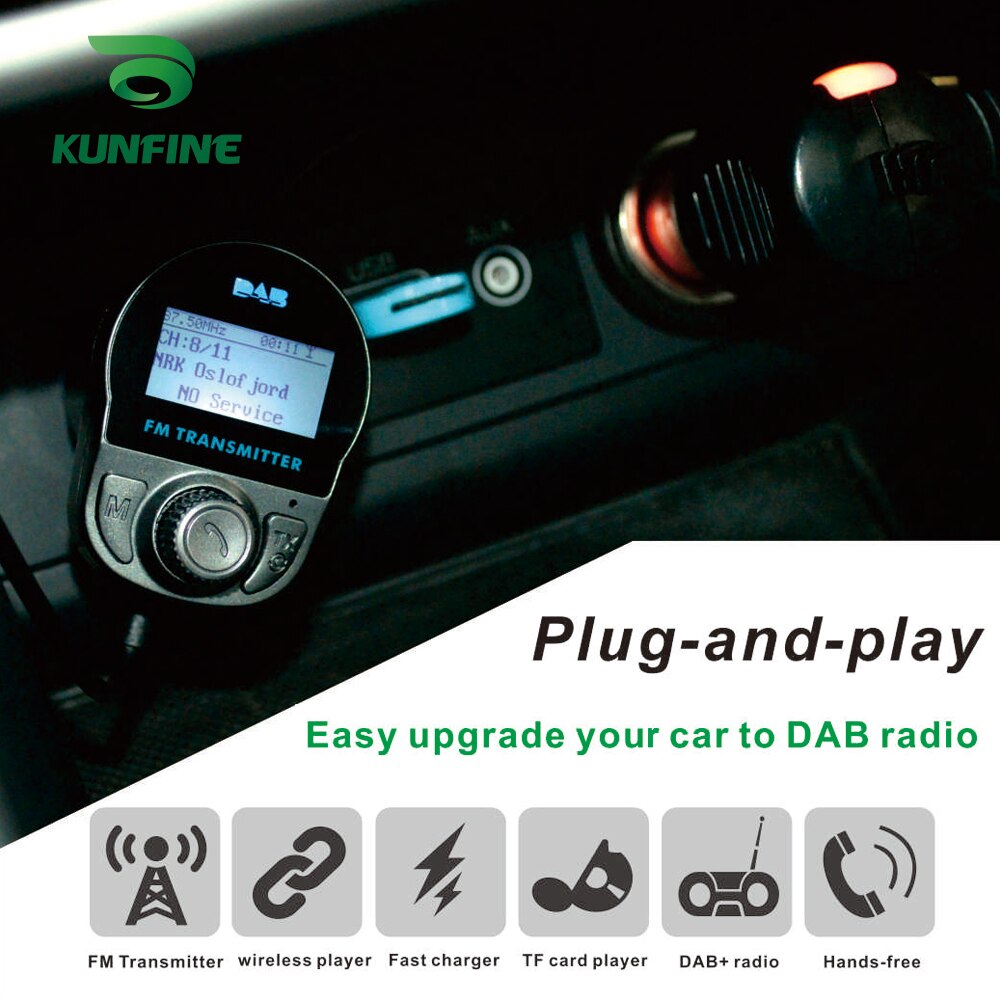 universell bil dab radio dab+ mottaker bt trådløs musikkspiller med fm-avsender motta telefon ringetone telefonlader