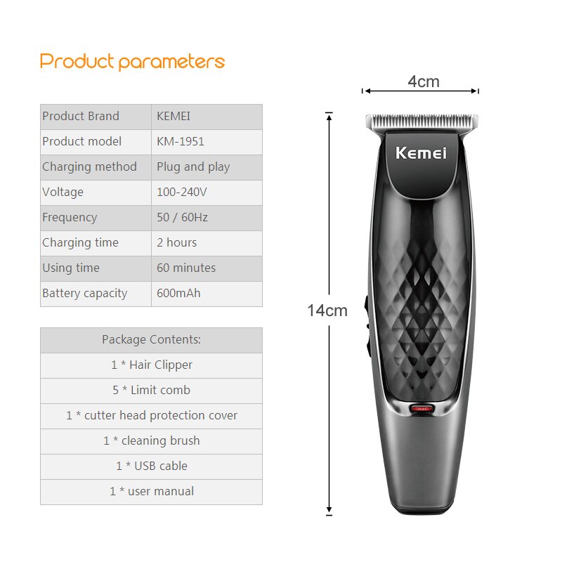 Kemei-tondeuse à cheveux électrique professionnelle sans fil, rasoir Rechargeable en acier inoxydable pour couper les cheveux