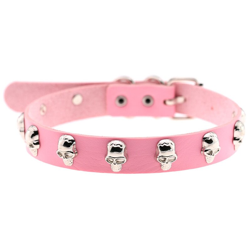 Trendy Punk Rock Silver Color Alloy Skull Leather Choker Necklace For Women Men Collar Jewelry: Pink