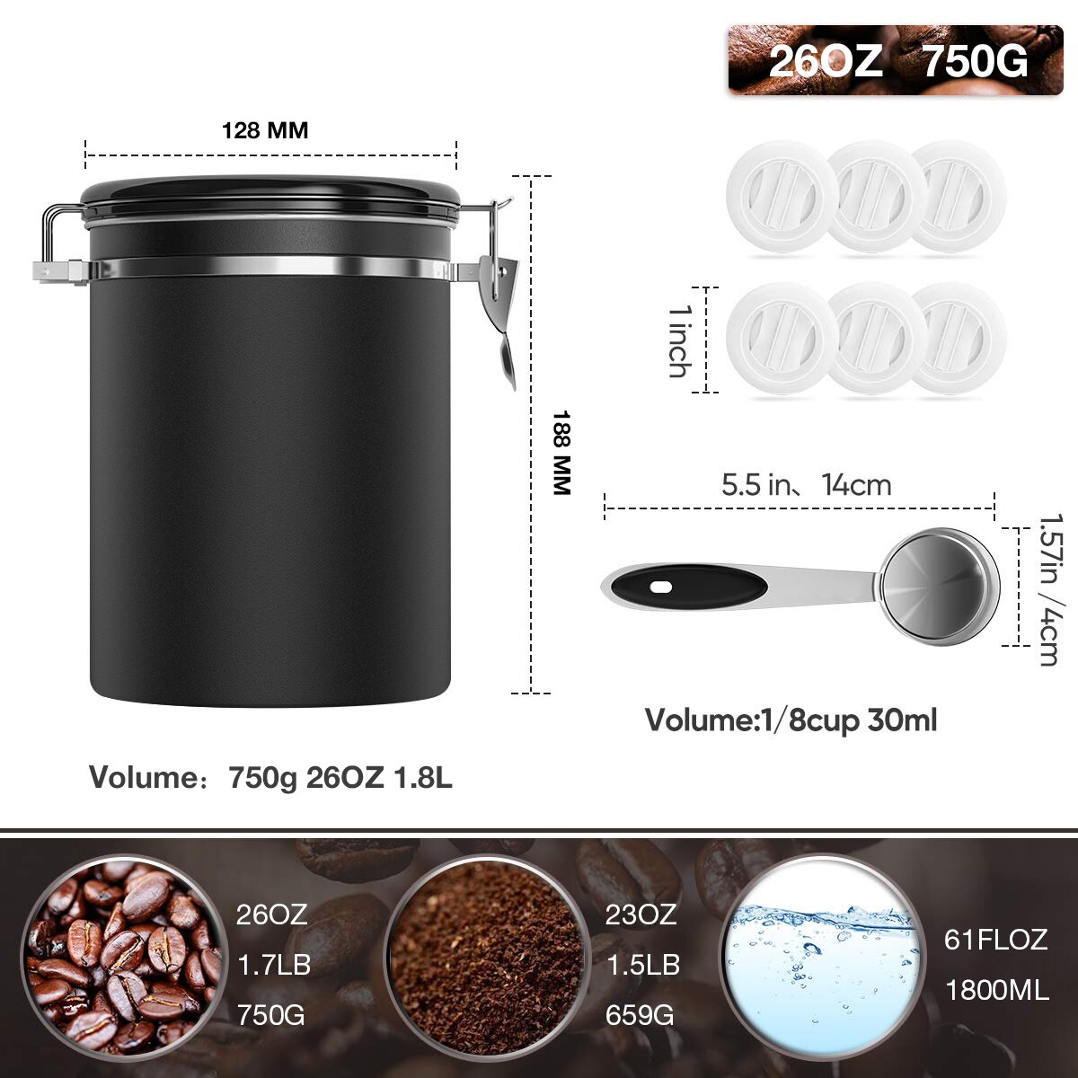 Coffee Storage Container Airtight Stainless Steel Vault Coffee Bean Canister with CO2 Valve to Keep Beans Fresh Grains Candy Jar: Black Spoon 1.8L
