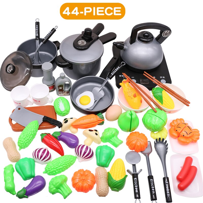 10-44Pieces Children Kitchen Toy Set Cookware Pot Pan Kids Pretend Cook Play Toy Simulation Kitchen Utensils Toys Children: 44pcs grey