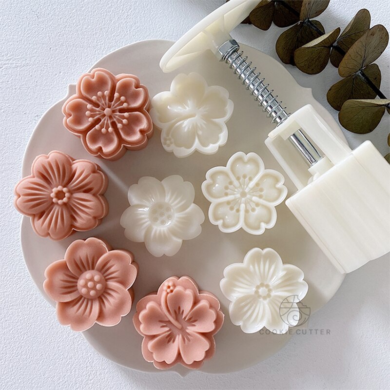 DIY 3D Mooncake Mould Set 50g Flowers Pattern Shape Moon Cake Mold Hand Press Plunger Cookie Molds for Mid-Autumn Festival
