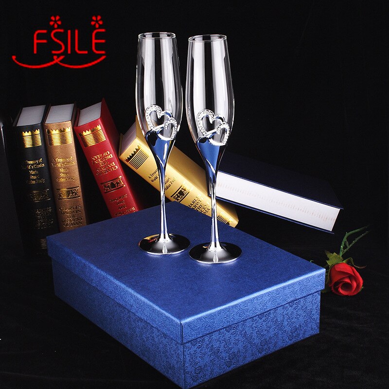 Fsile 2Pcs Crystal Ingelegd Hoog Champagne Bril Geschenkdoos Met Strass Creatieve Champagne Glazen Tall Bril