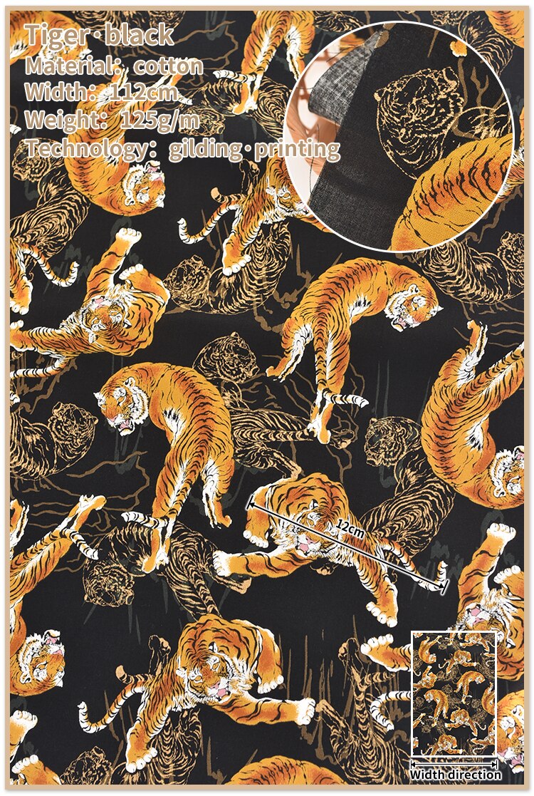 Bomuldsstof tiger mønster japansk stof håndlavet diy stof bomuldstrykt kimono stof: Sort
