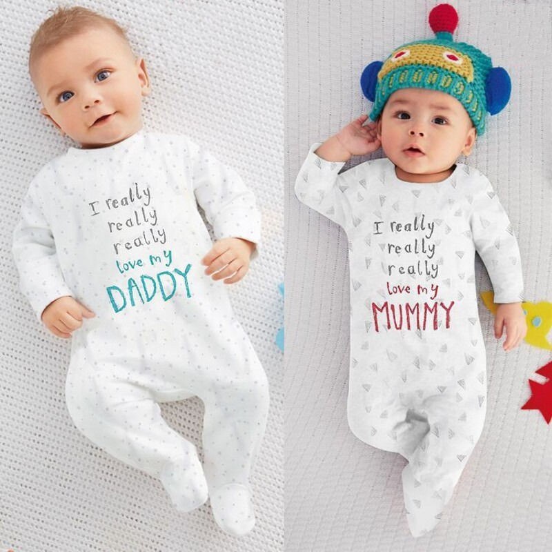 Barboteuse à manches longues en coton | Vêtements pour bébé, I love maman papa, -né bébé garçon fille, 100% coton, combinaison avec lettres imprimées