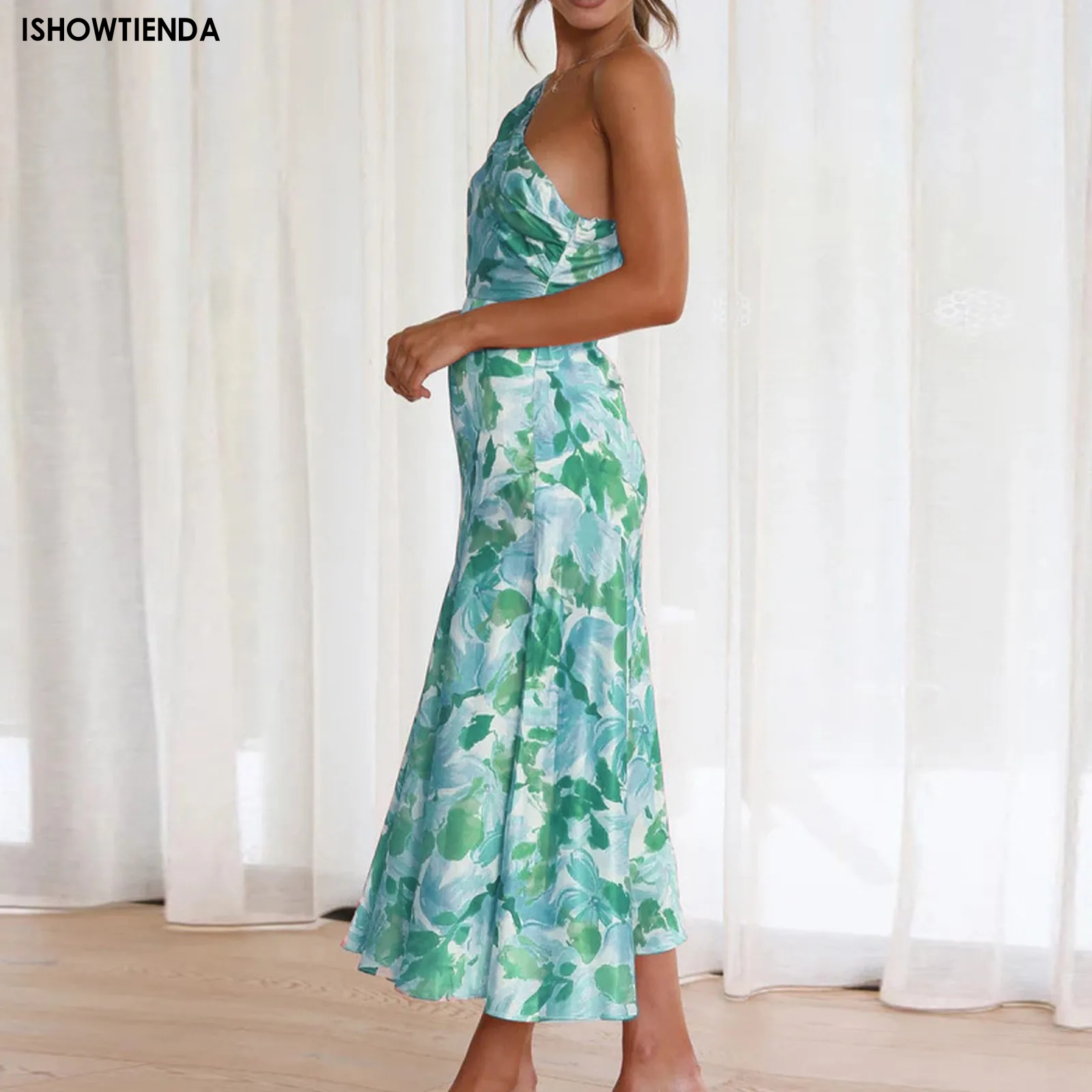Stilvolles Fischschwanz kleid mit schrägem Hals riemen elegantes Kleid mit exquisiter Farbe und Blumenmuster