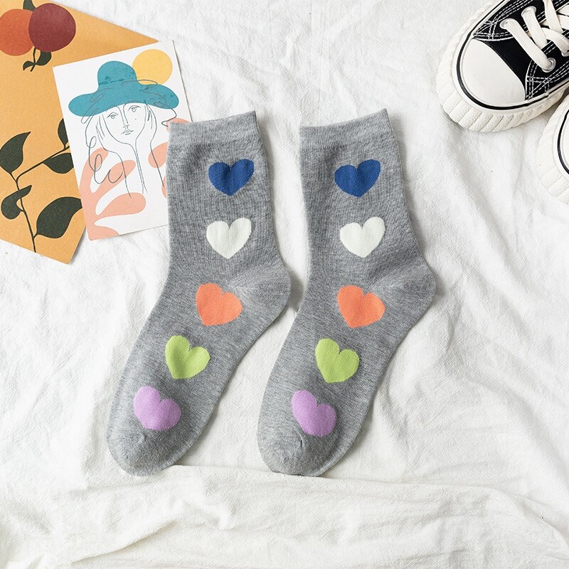 Grappige katoenen sokken dames schattig hart kleurrijk casual harajuku japans koreaans middelbare school meisjes crew pop socket: Grijs
