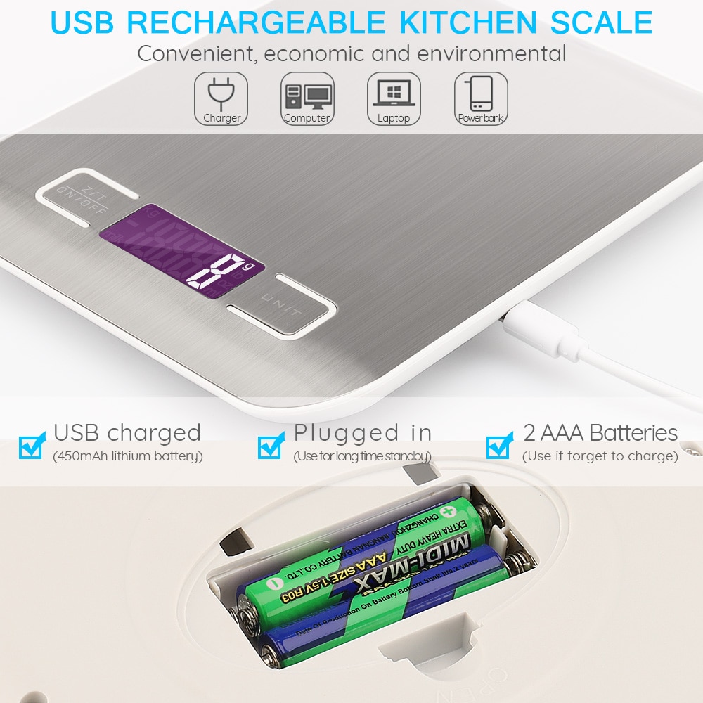 Balances de cuisine numériques USB en acier inoxydable 10kg/5kg balance numérique LED balances électroniques