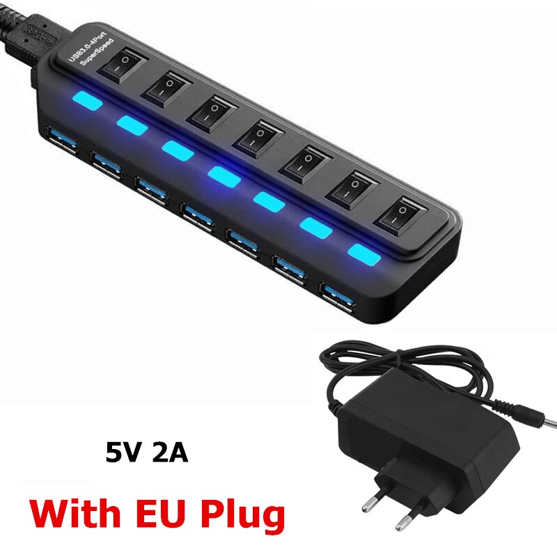 USB 3.0 HUB 4 7 Poort met LED Power Opladen Schakelaar Meerdere USB Splitter High Speed 5 Gbps USB Hab USB-HUB EU VS AU UK Adapter: 7 Ports with EU Plug