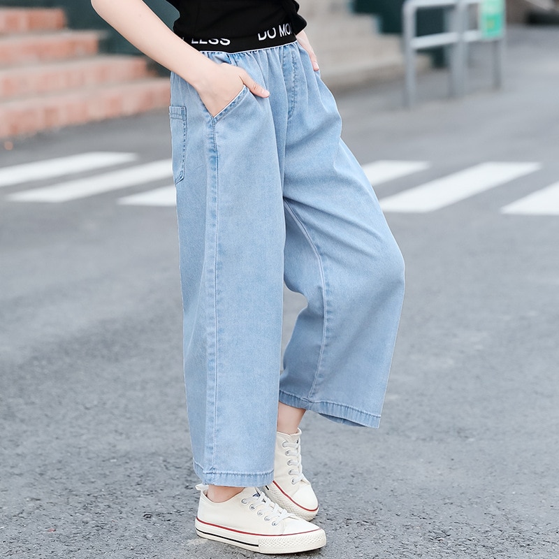 Casual piger løse bukser baby børn tøj elastik talje piger jeans brede ben bukser til 6 8 10 12 år vestidos