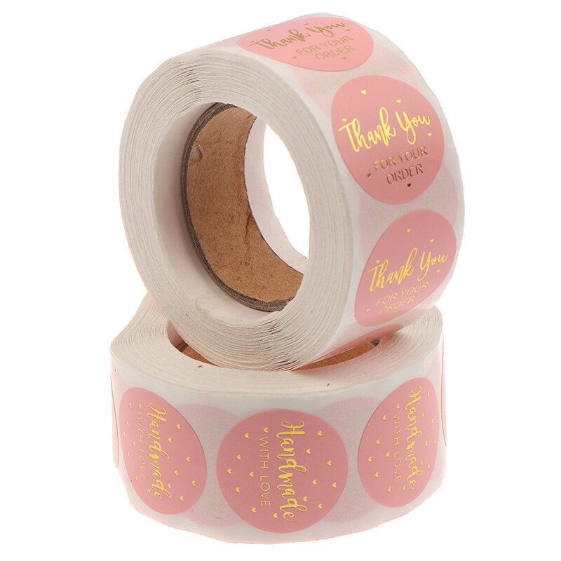 500 Uds = 1 rollo de pegatinas de etiqueta rosa papel bonito círculo etiquetas de sello gracias por su orden y pegatinas hechas a mano de 1 pulgada