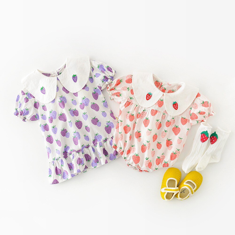 Yg – costume d'été pour enfants, col blanc, imprimé fraise, une pièce, manches courtes, triangle, court,
