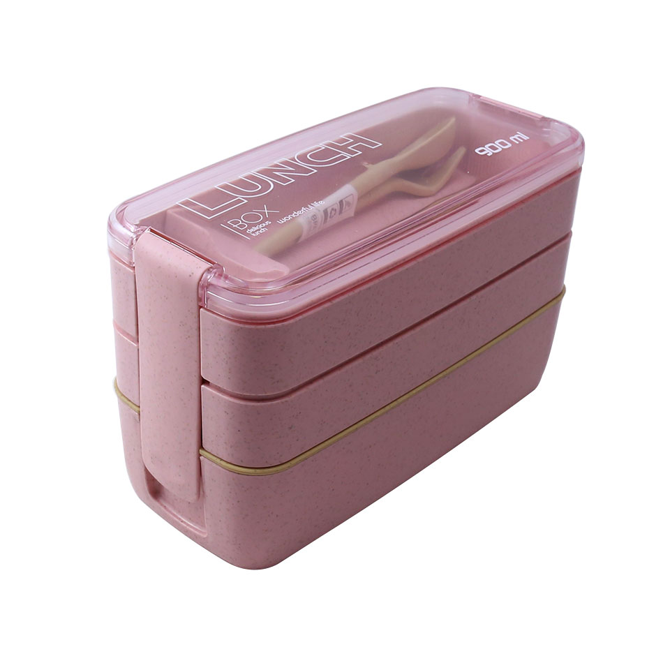 900ml 3 Layers Bento Box Eco-Friendly Lunch Box Food Container Wheat Straw Material Microwavable Dinnerware Lunchbox: 3c Pink