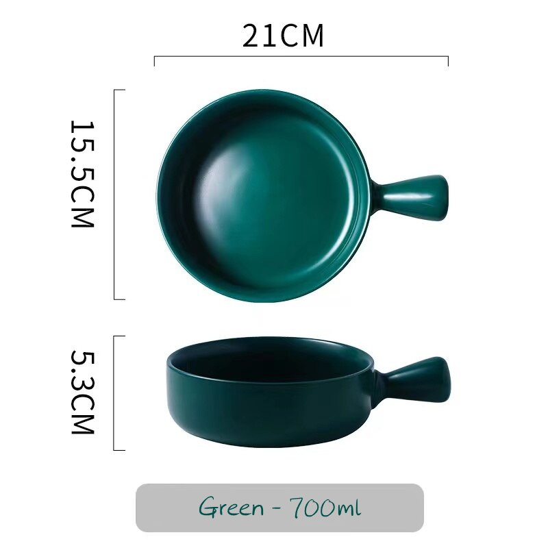 Nordic Ceramic Salad Bowl Single Handle Breakfast Cereal Fruit Bowl Solid Color Dessert Soup Noodle Bowl Microwave Oven Special: green