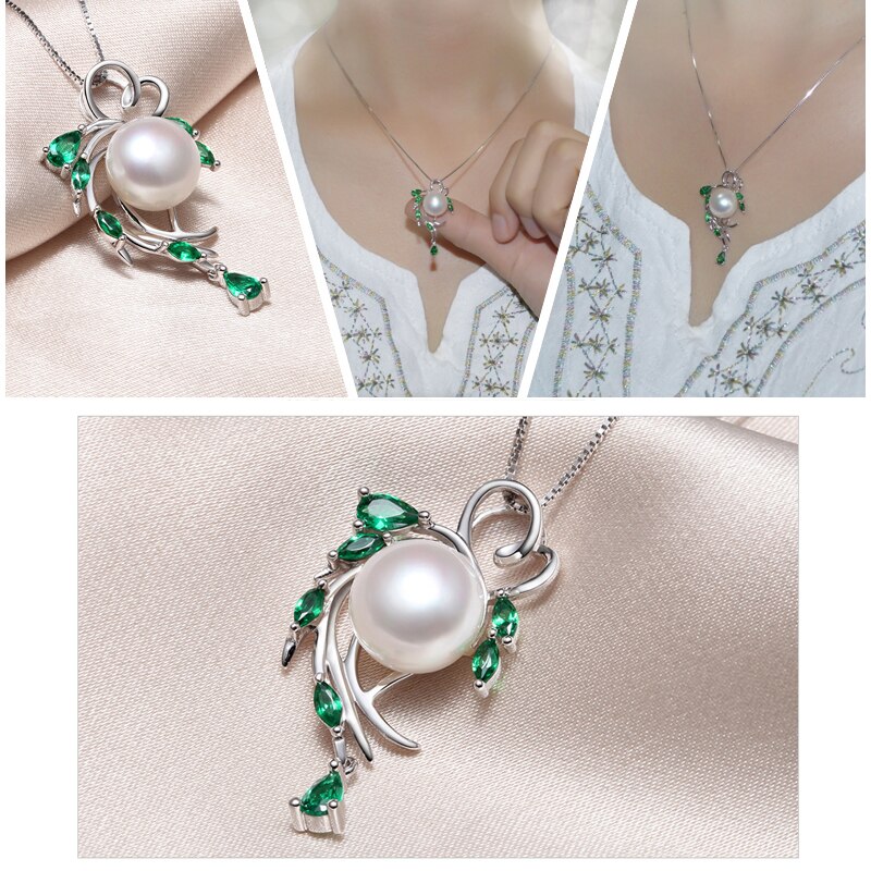 FENASY Parel Sieraden Sets, Parel Hanger Ketting Oorbellen Voor Vrouwen, bohemian 925 sterling zilver Emerald leaf grote oorbellen set