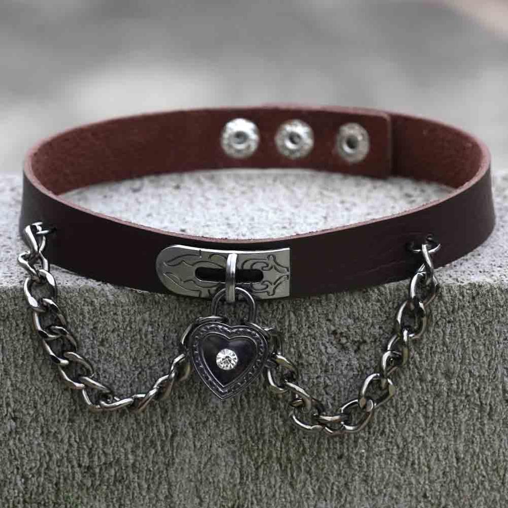 Punk Herz Anhänger Kette Spike Kragen Gothic Leder Halsband Schnalle Halskette: coffee