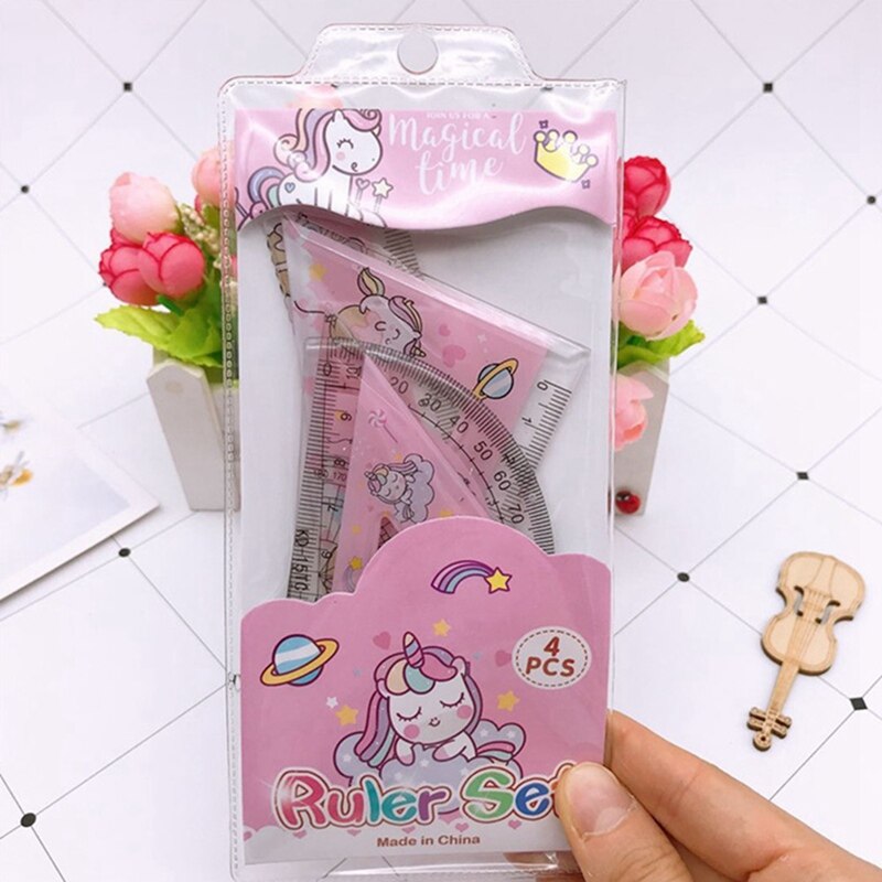 1 Set Cute Cartoon Unicorn Straightedge Ruler Protractor Stationery Set Kids Office School Supplies