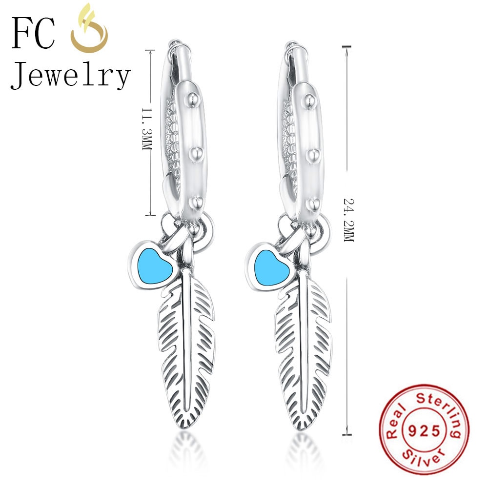 FC joyería de plata de ley 925 bohemio lindo esmalte azul pendiente de pluma pendientes para mujer chica de Brincos hacer