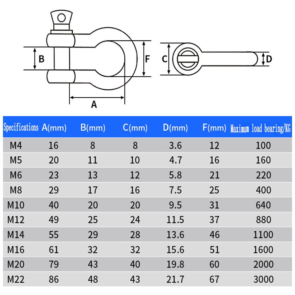 M4-M12 100% A2 Stainless Steel 304 D-type Dee Shackle Antirust D Shackle SUS 304 M4-M12 Dee Shackle