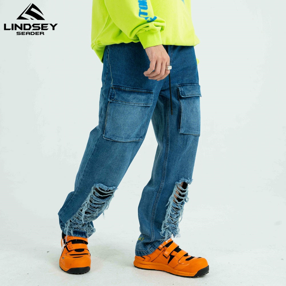 LINDSEY SEADER Männer Denim Hosen gerissen Löcher Straße Hüfte hüpfen Denim Hosen Harajuku betrübt Denim Schlauch Jean Hosen