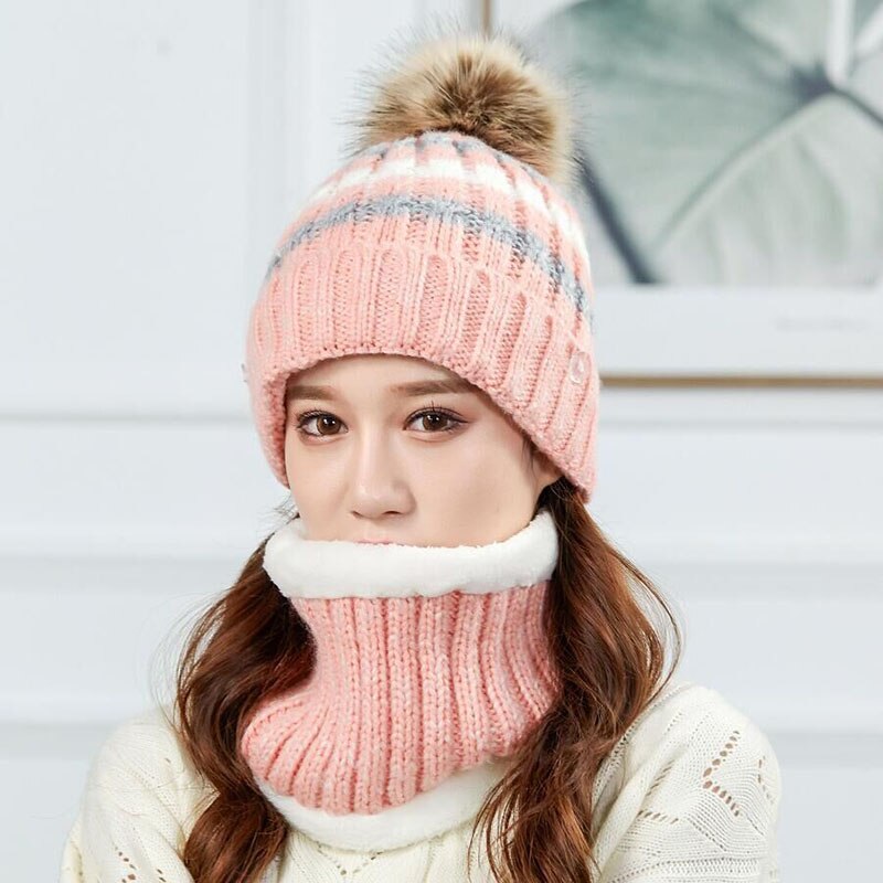 Gebreide wintermasker muts sjaal set dames dikke pompom mutsen ringsjaal warme wollen winteraccessoires voor dames winterset: Roze
