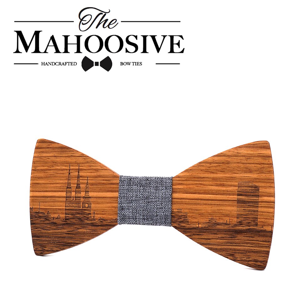 Mahoosive-pajaritas de madera hechas a mano para hombre, conjunto de corbatas de madera, corbata de mariposa, corbatas Skyline para hombre, gemelos, pañuelo, novedad