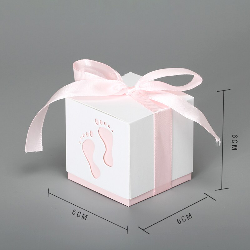 10 stk / lot 6*6*6cm babyfødder form slik æske boite en dragees bryllup dekoration chokolade gennemsigtig pose: .lyserød