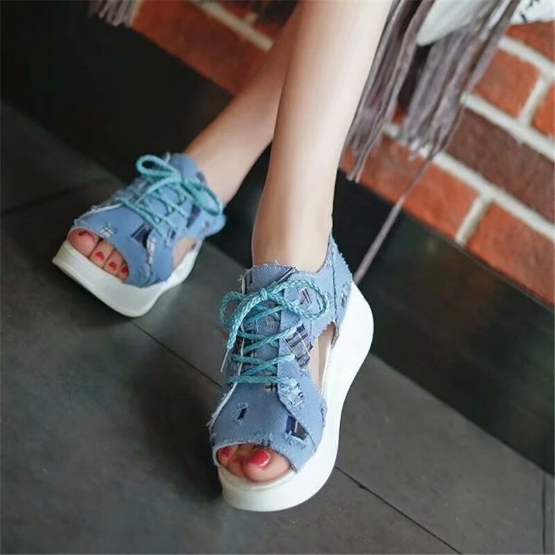 Strand sandaler kvinder denim hul platform sandaler flade afslappede studerende lærred sandaler til damer sandalier a -78