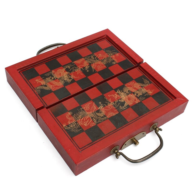 Caja de cuero de madera china con 32 piezas de figuras de terracota, juego de ajedrez, entretenimiento, Damas, juegos tradicionales